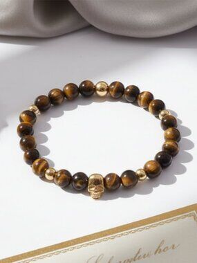 Tiger Eye Bracelet 8mm | Gold Skull Accent | Natural Stone Stretch Bracelet